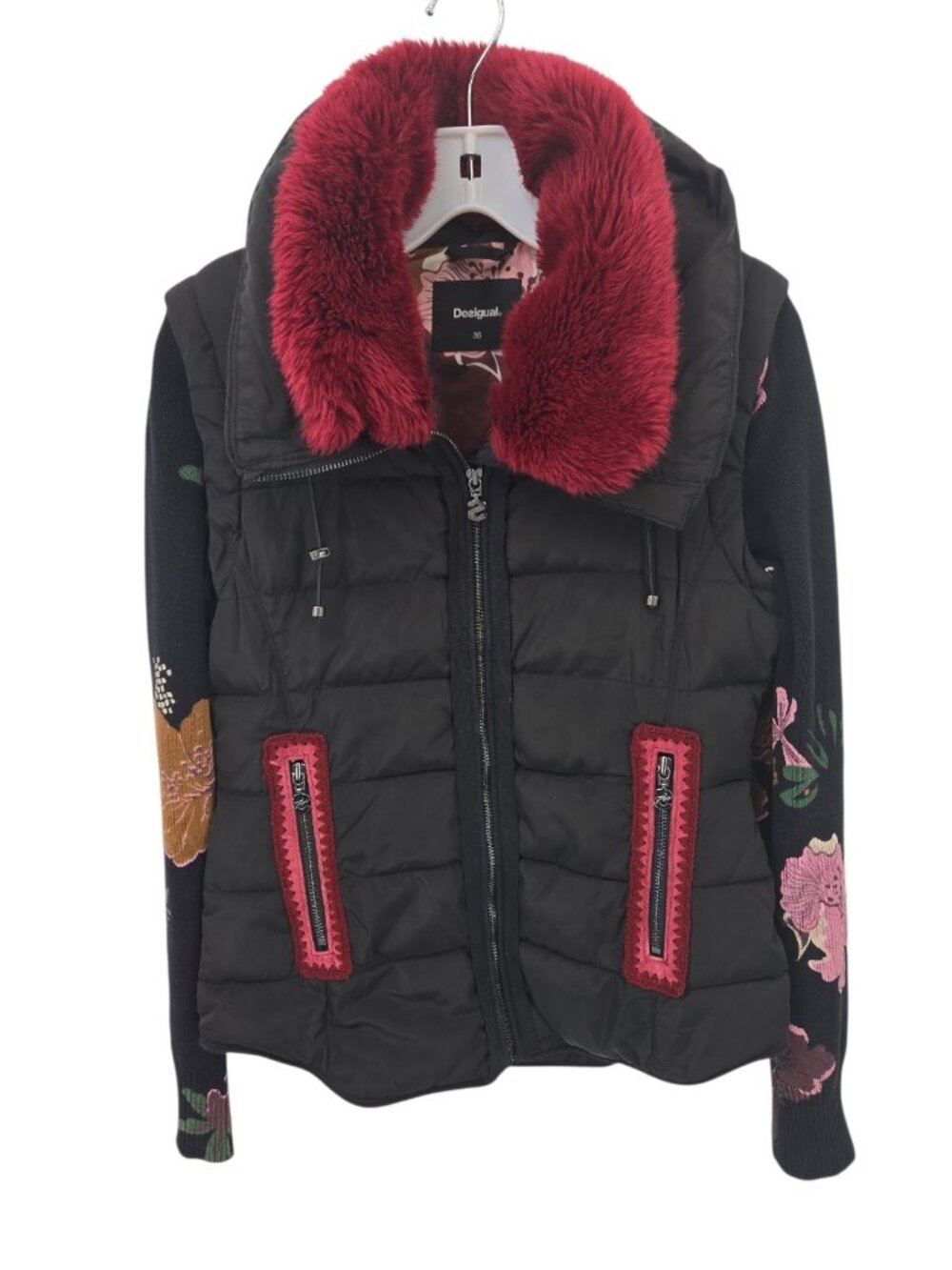 Desigual Dasha 2 in 1 Jacket Vest Coat 36 Removable Knit Sleeves XS Floral